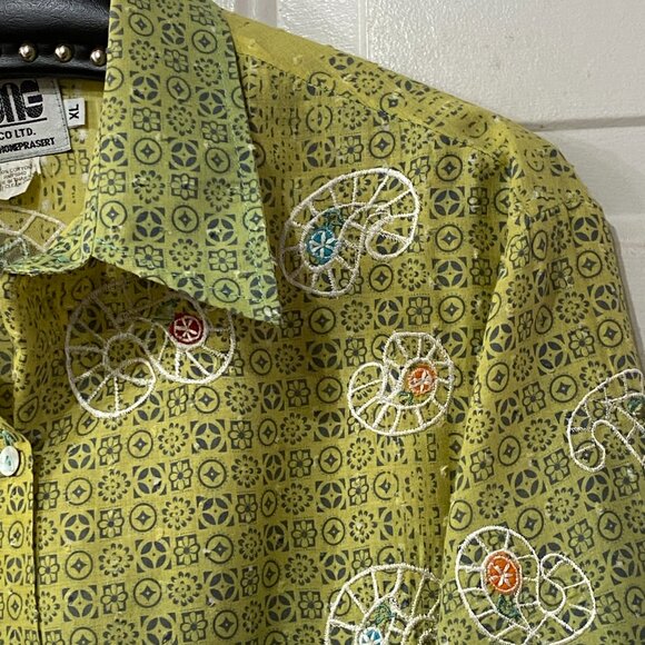 VTG Pong Poco Ltd Sz XL Green Blouse Shirt Button Up 3/4 Sleeve Embroidered - Picture 3 of 13